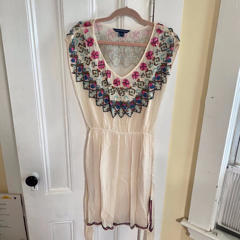 French Connection Women’s Boho Beaded Belted Sheer Midi Spring Summer Dress 10